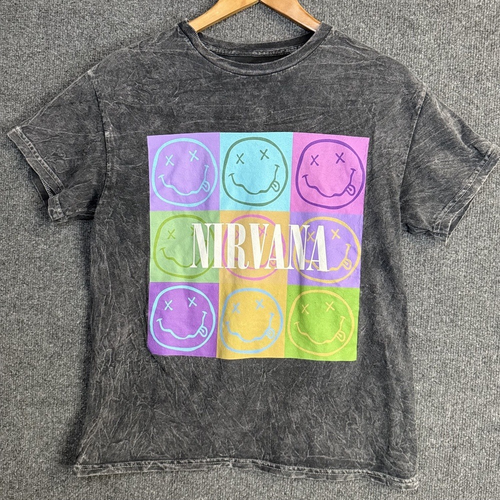 Nirvana Graphic T-Shirt Unisex Medium Gray Mineral Wash Smiley Grid Band Tee